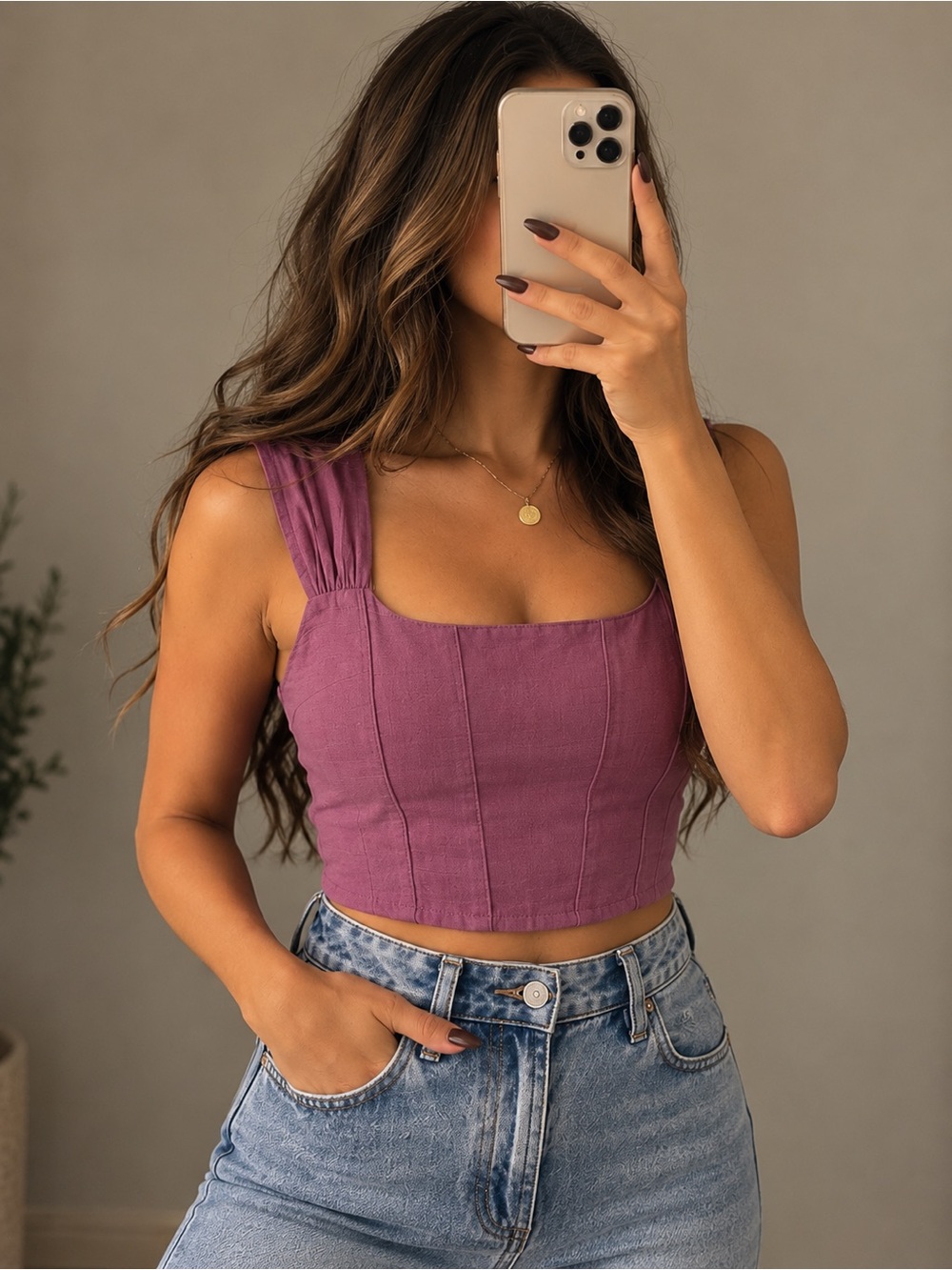 Ruched Strap Square-Neck Crop Top in Plum